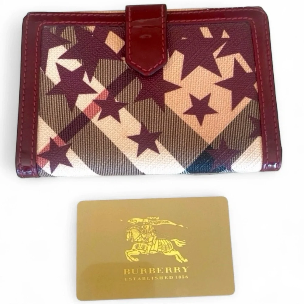 BURBERRY Maroon & Tan Star Print Canvas & Patent Leather Wallet, EUC